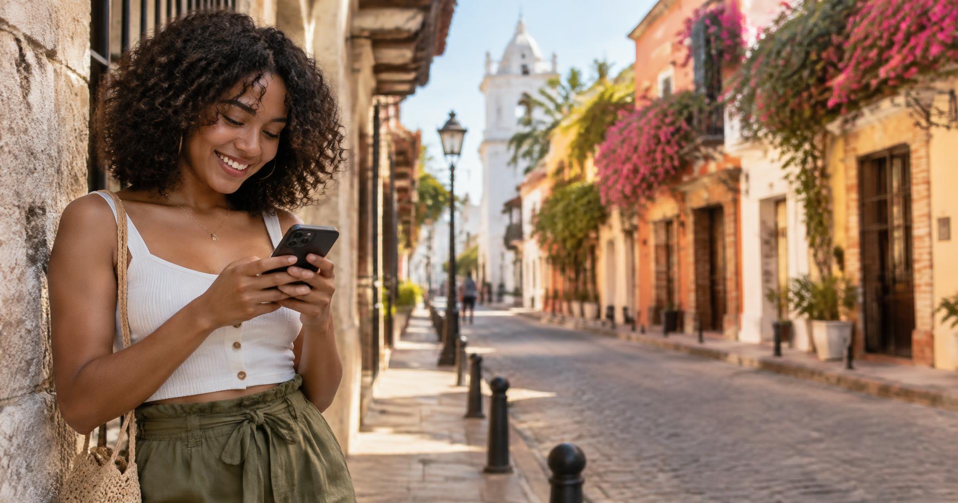 Joven dominicana buscando negocios en su teléfono en la Zona Colonial